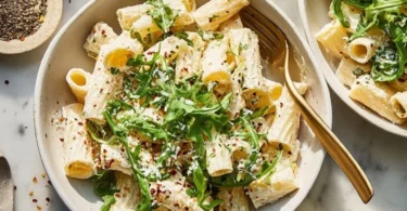 Lemon ricotta pasta with arugula and zesty lemon garnish