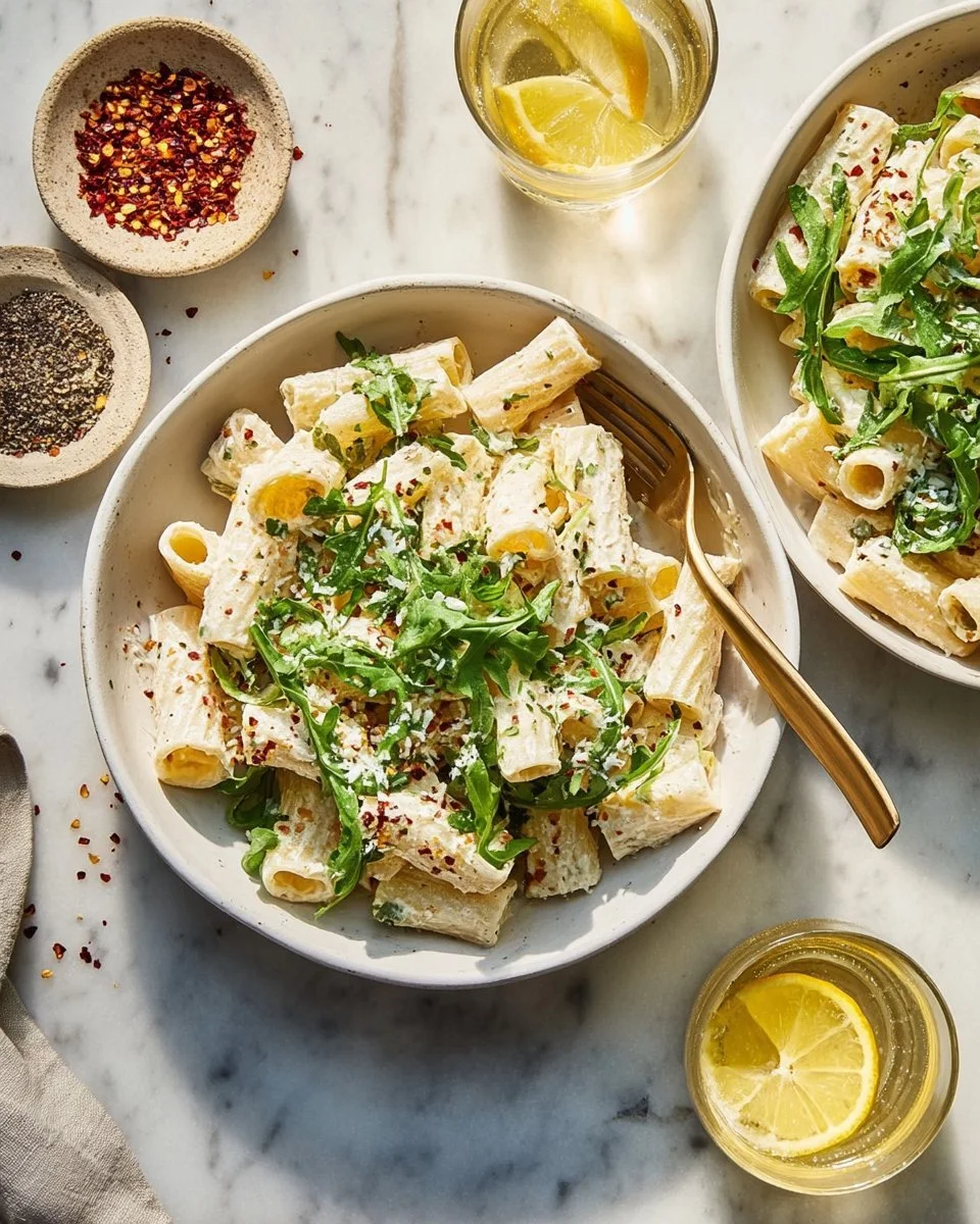 Lemon ricotta pasta with arugula and zesty lemon garnish