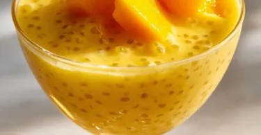 Mango Sago dessert with mango, coconut milk, and sago pearls in a bowl