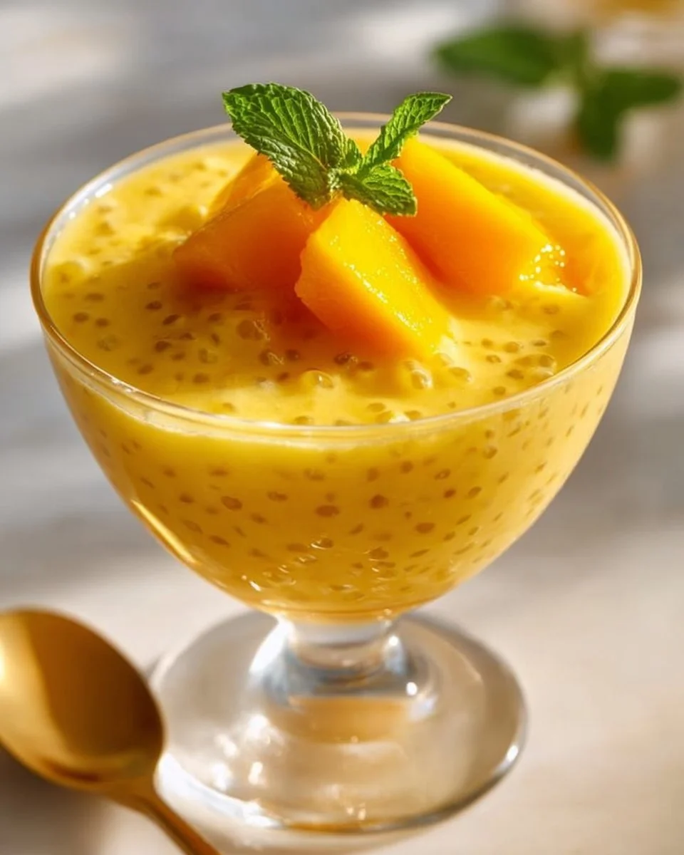 Mango Sago dessert with mango, coconut milk, and sago pearls in a bowl