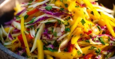 A colorful bowl of Mango Slaw with fresh mango, cabbage, and dressing.