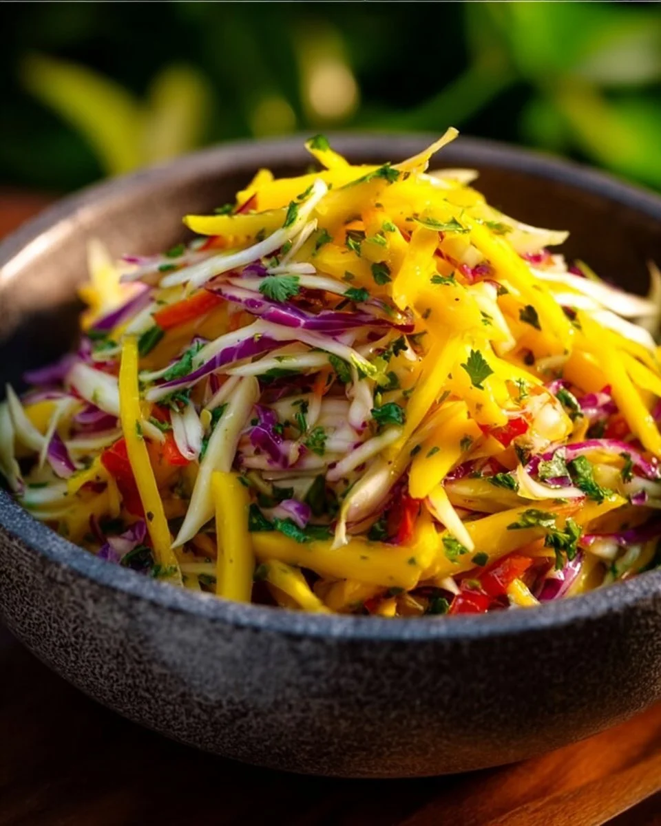 A colorful bowl of Mango Slaw with fresh mango, cabbage, and dressing.