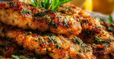 Plate of juicy Mediterranean Chicken Tenders garnished with herbs and spices