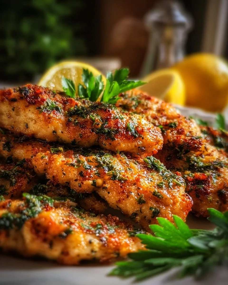 Plate of juicy Mediterranean Chicken Tenders garnished with herbs and spices