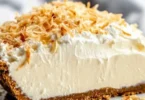 No Bake Coconut Cream Pie topped with whipped cream and toasted coconut flakes