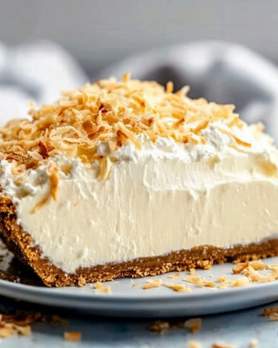 No Bake Coconut Cream Pie topped with whipped cream and toasted coconut flakes
