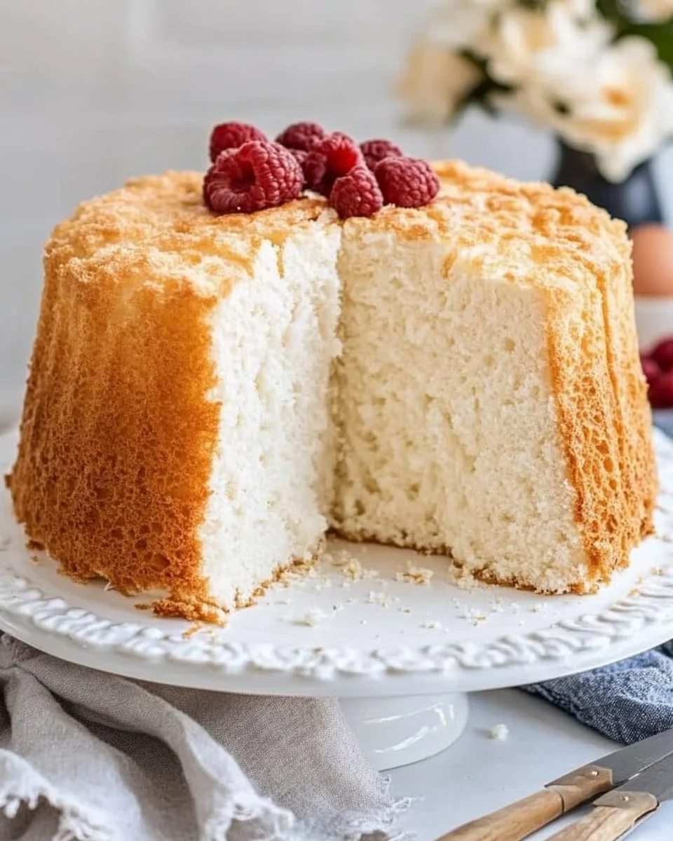 Old-Fashioned Angel Food Cake topped with fresh berries and whipped cream