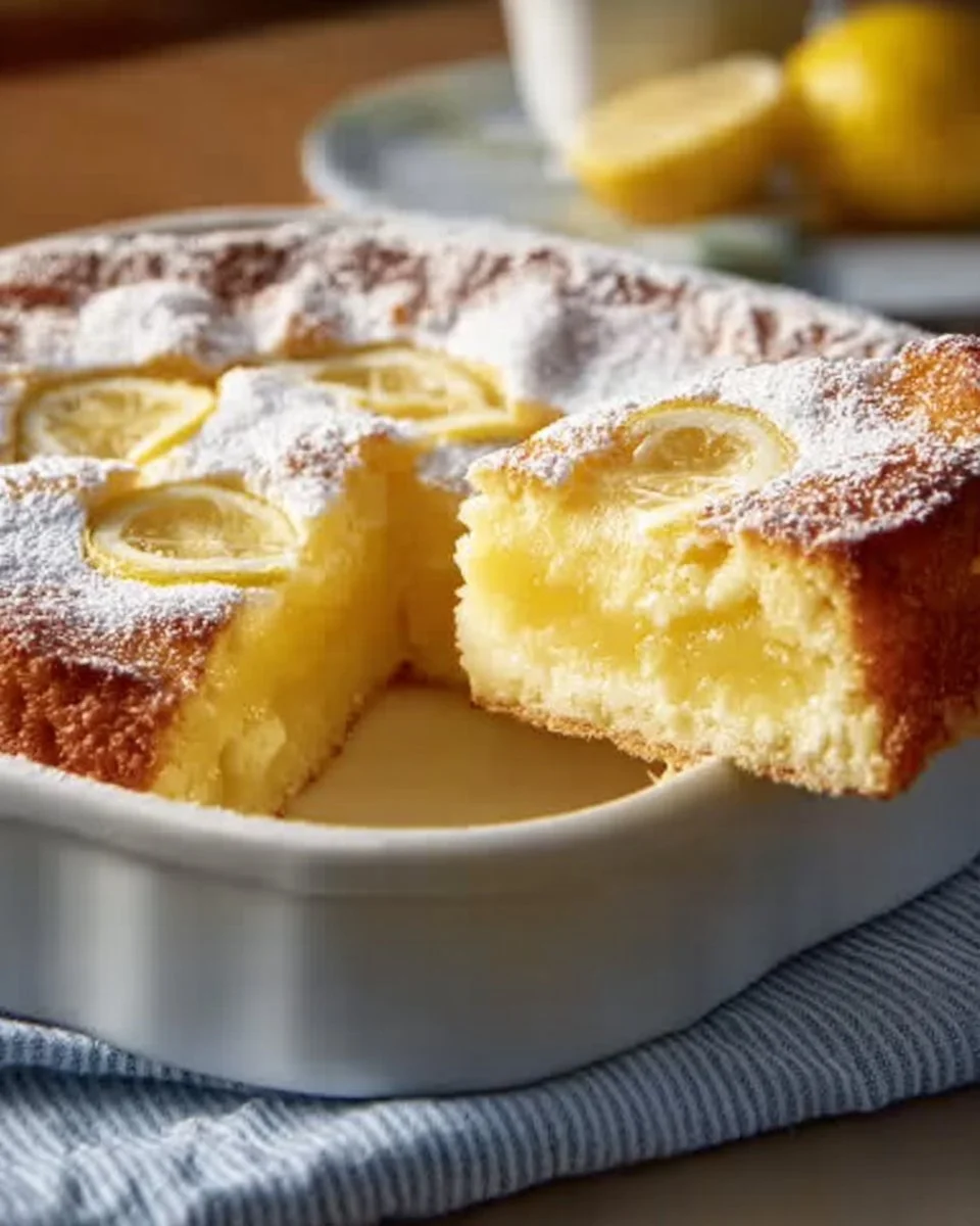 One-Bowl Lemon Cake with a lemon glaze on a wooden table
