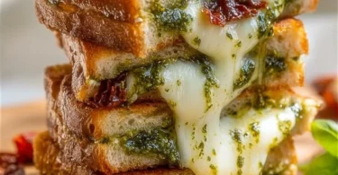 Delicious pesto grilled cheese sandwich served on a rustic plate.