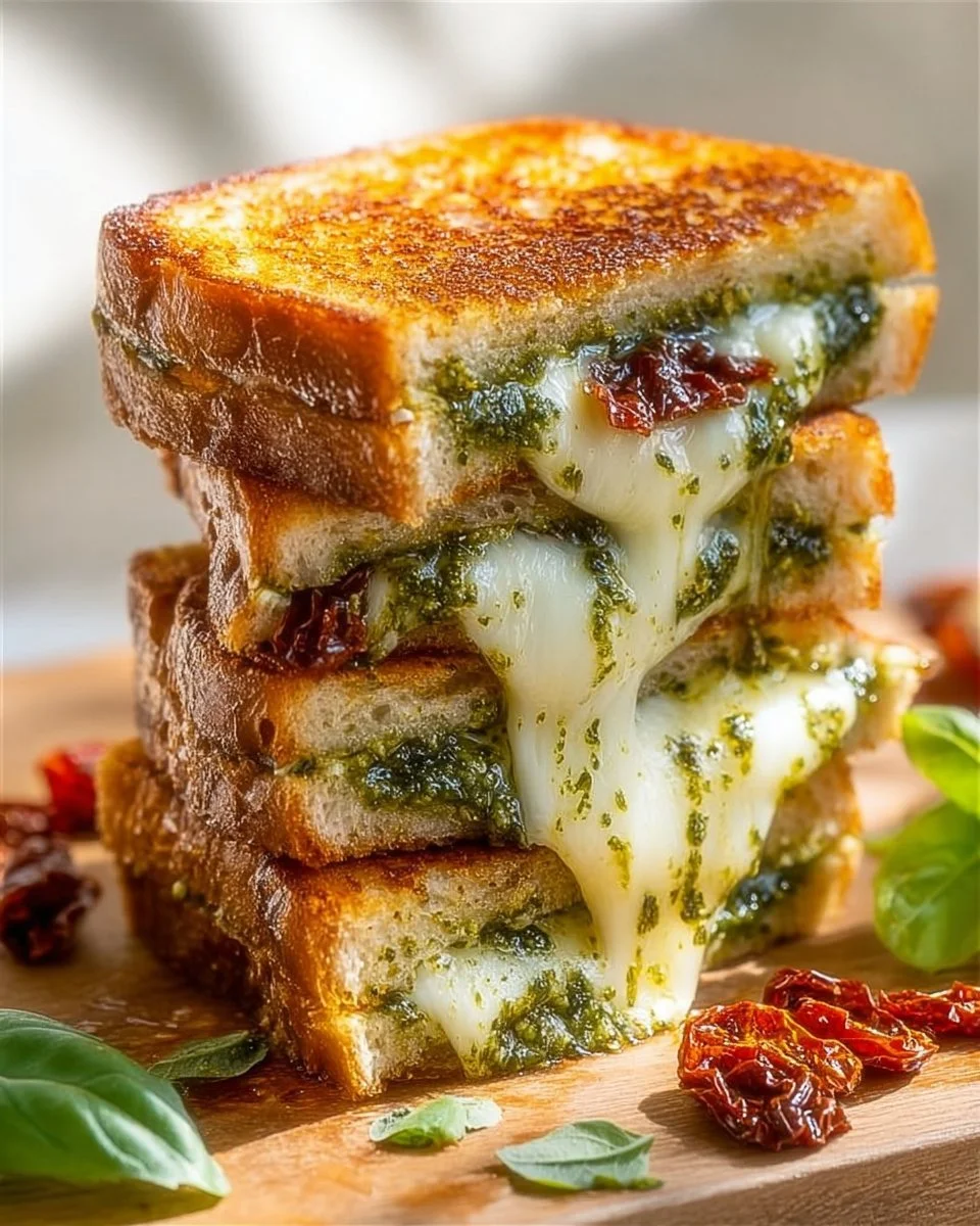 Delicious pesto grilled cheese sandwich served on a rustic plate.
