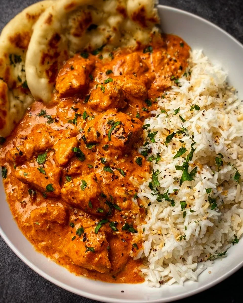 Delicious homemade butter chicken served with rice and naan bread