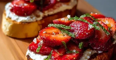 Delicious roasted strawberry whipped ricotta toast topped with fresh strawberries