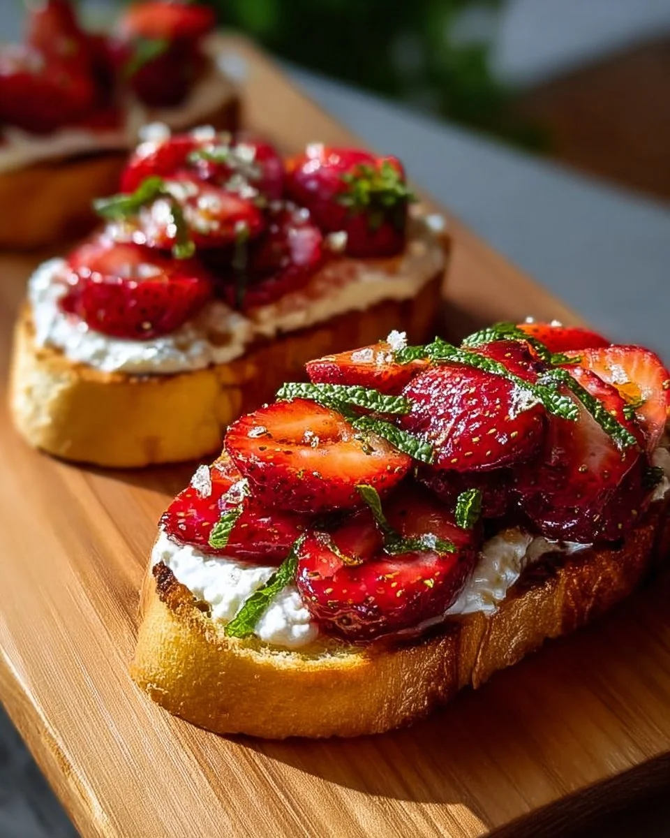 Delicious roasted strawberry whipped ricotta toast topped with fresh strawberries