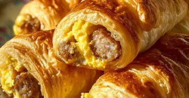 Sausage, egg, and cheese breakfast roll-ups served on a plate.