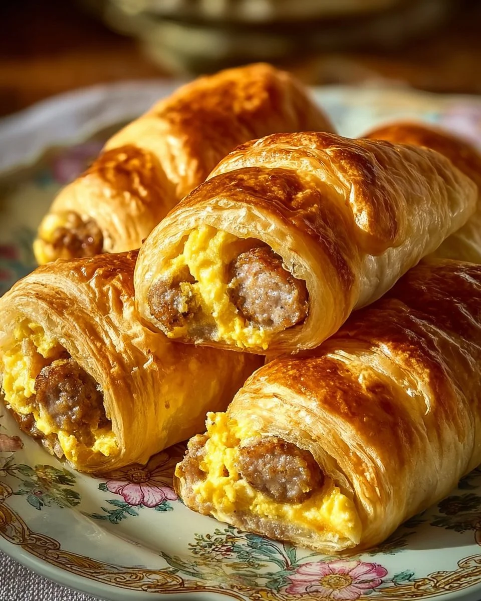 Sausage, egg, and cheese breakfast roll-ups served on a plate.