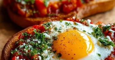 Delicious Shakshuka Toast topped with eggs and spices on toasted bread
