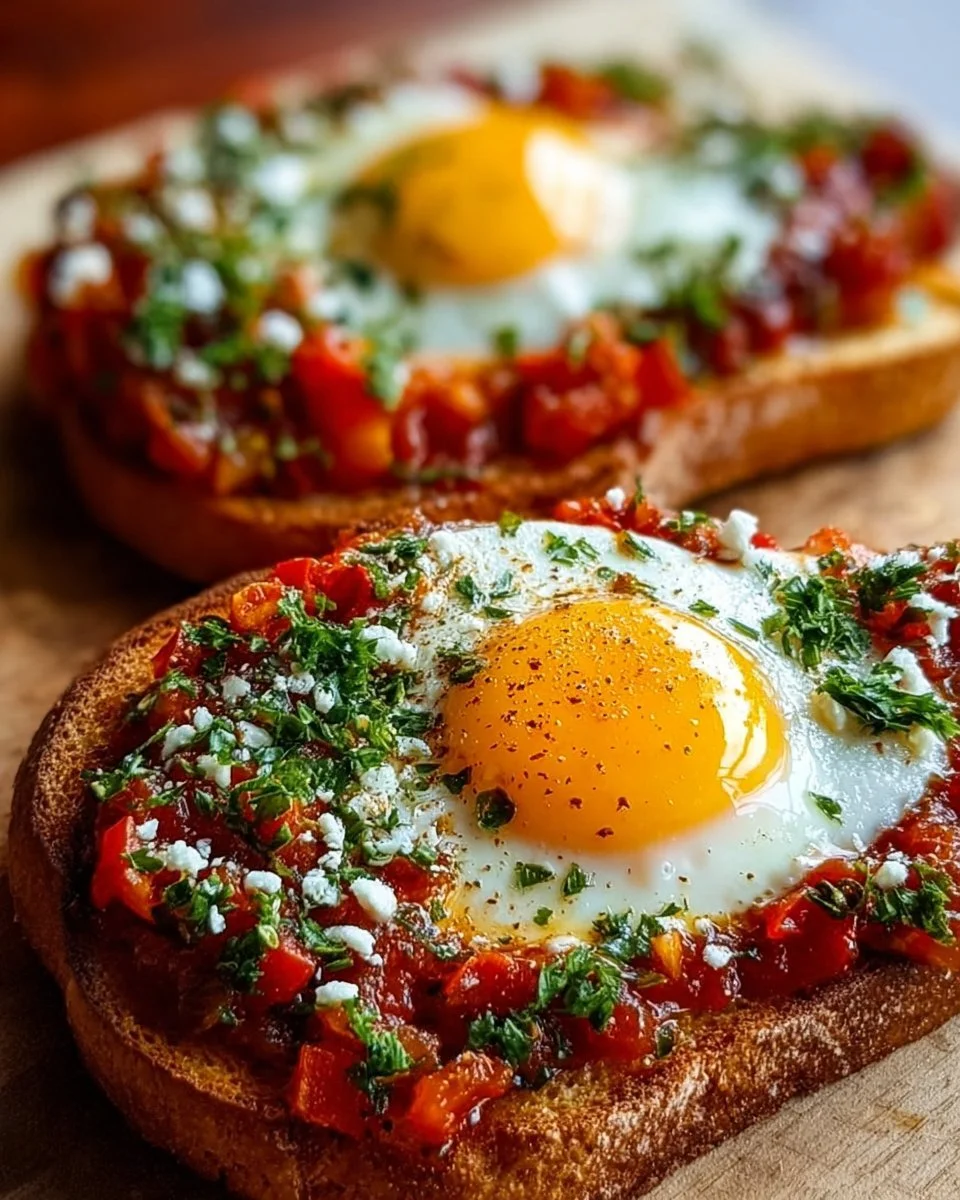 Delicious Shakshuka Toast topped with eggs and spices on toasted bread