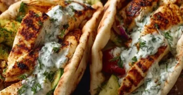 Sheet pan chicken pitas with herby ranch served on a plate
