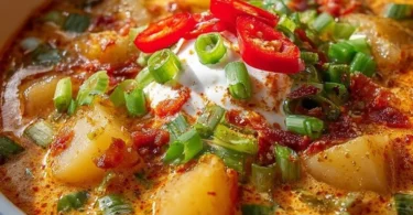 Bowl of Spicy Cajun Potato Soup garnished with green onions and spices
