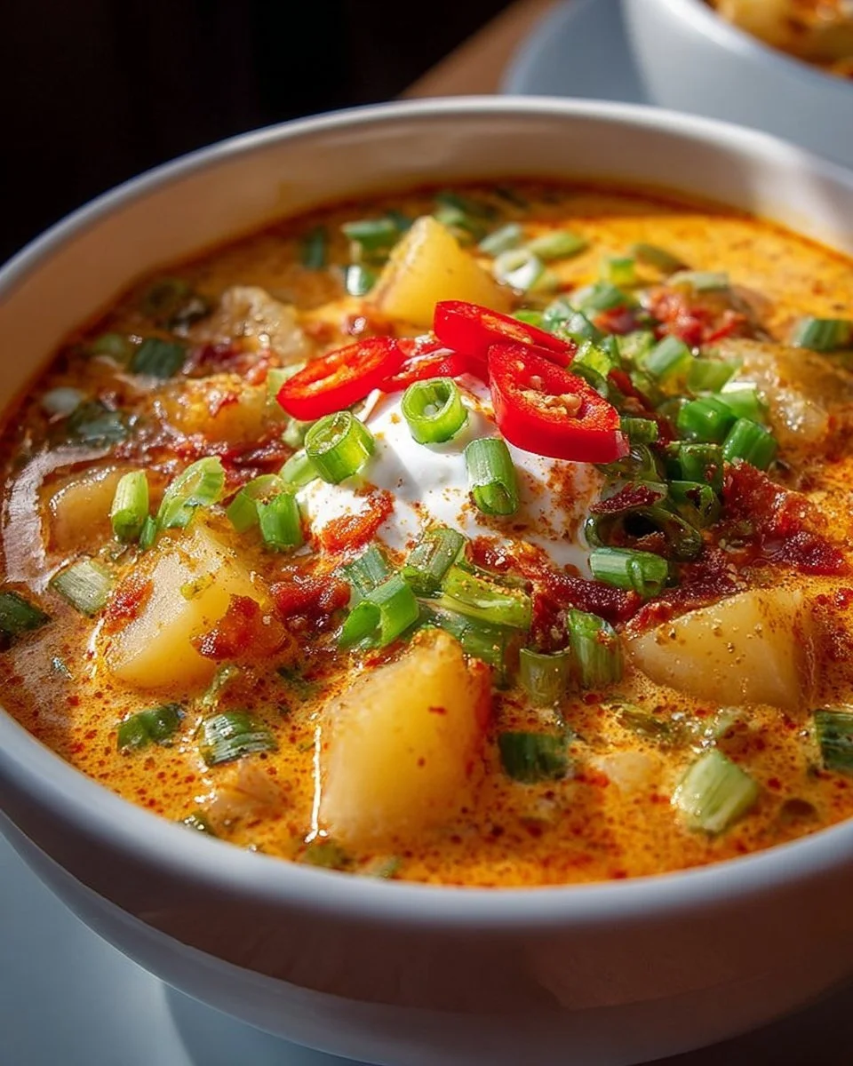 Bowl of Spicy Cajun Potato Soup garnished with green onions and spices