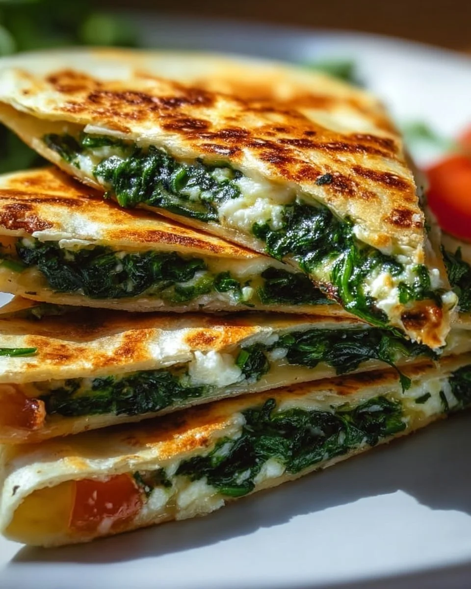 Spinach quesadillas with feta cheese, served with salsa and avocado.