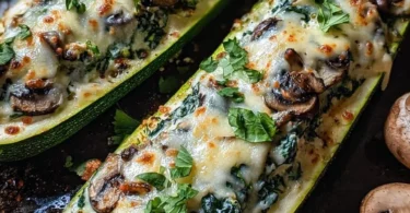 Spinach, mushroom, and ricotta stuffed zucchini boats ready to eat.