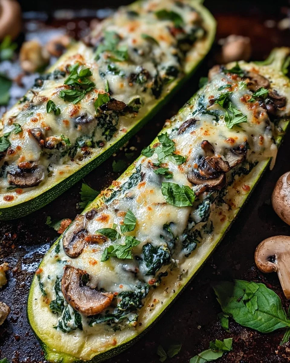 Spinach, mushroom, and ricotta stuffed zucchini boats ready to eat.