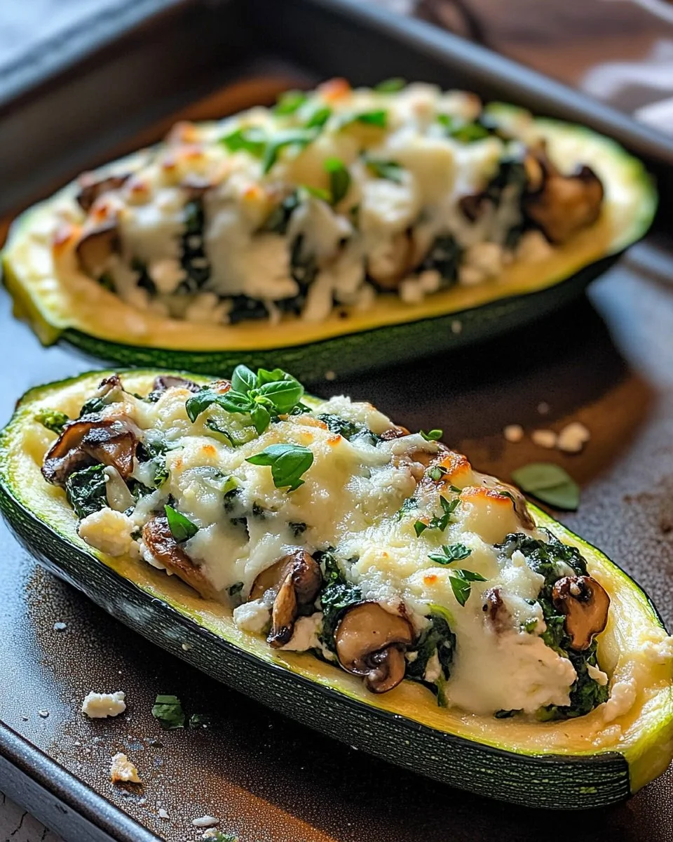 Spinach, Mushroom, and Ricotta Stuffed Zucchini Boats