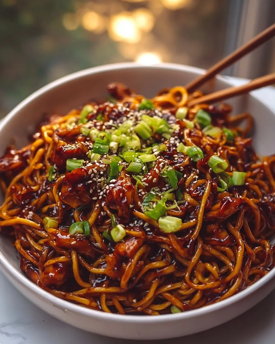 Plate of sticky garlic chicken noodles garnished with green onions