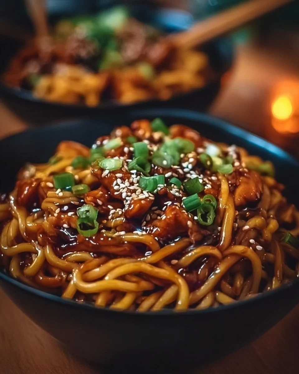 Delicious sticky garlic chicken noodles served in a bowl garnished with green onions.