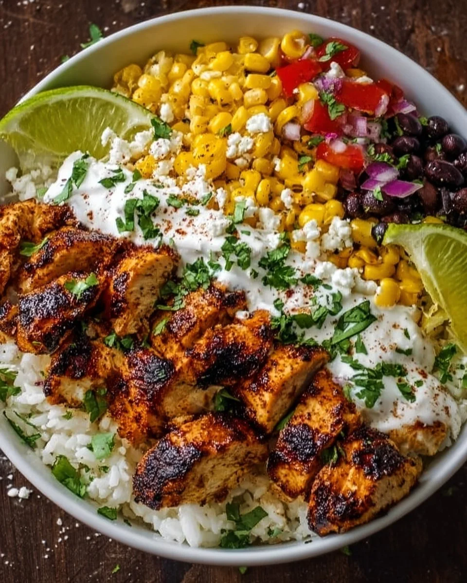 Street Corn Chicken Rice Bowl with fresh ingredients and vibrant flavors