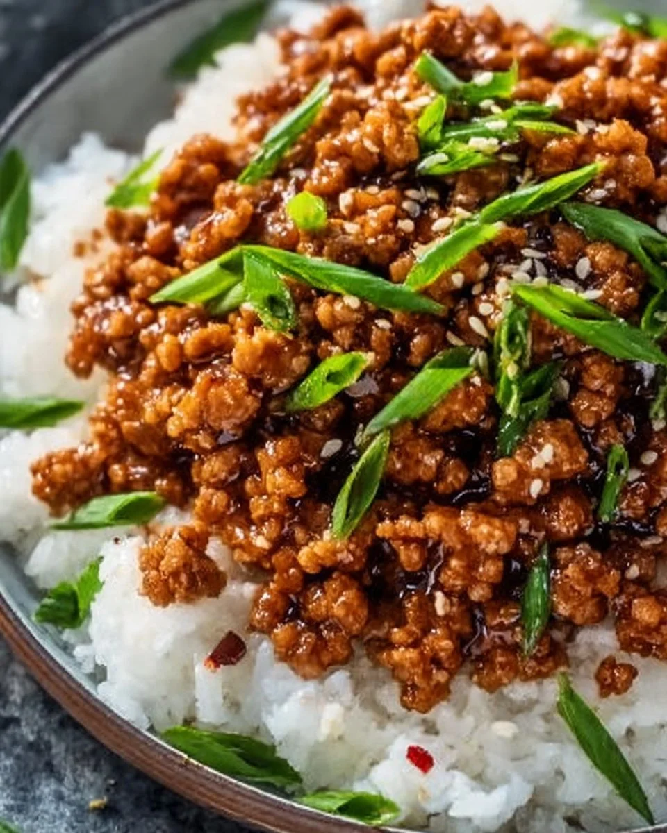 Delicious honey garlic ground turkey served on a plate with green garnish