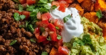 Colorful sweet potato taco bowl with toppings and ingredients.