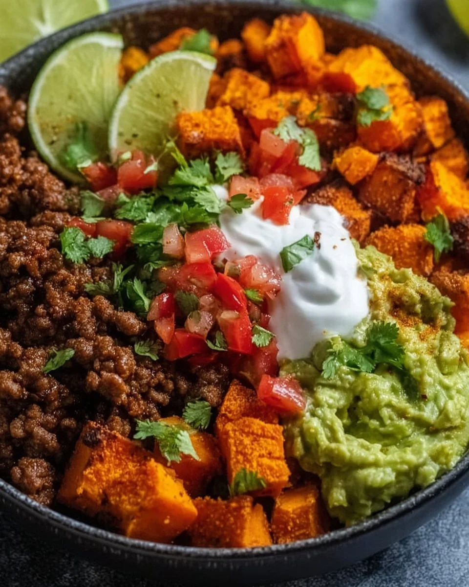 Colorful sweet potato taco bowl with toppings and ingredients.