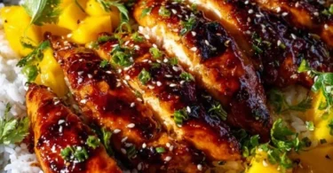 Mango glazed chicken twists served on a plate with garnishes