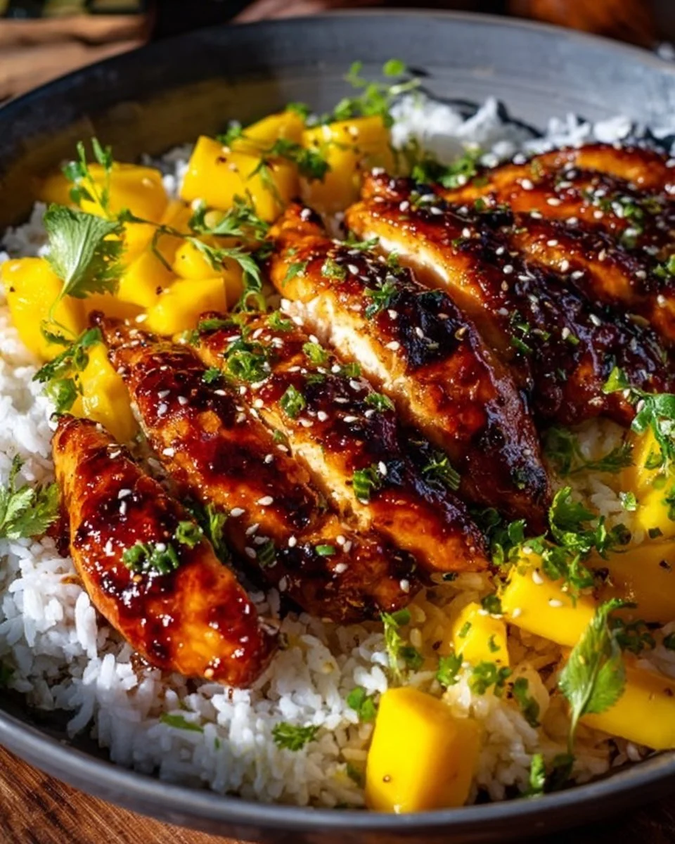 Mango glazed chicken twists served on a plate with garnishes