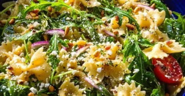 Tangy lemon arugula pasta salad with fresh ingredients and vibrant colors.