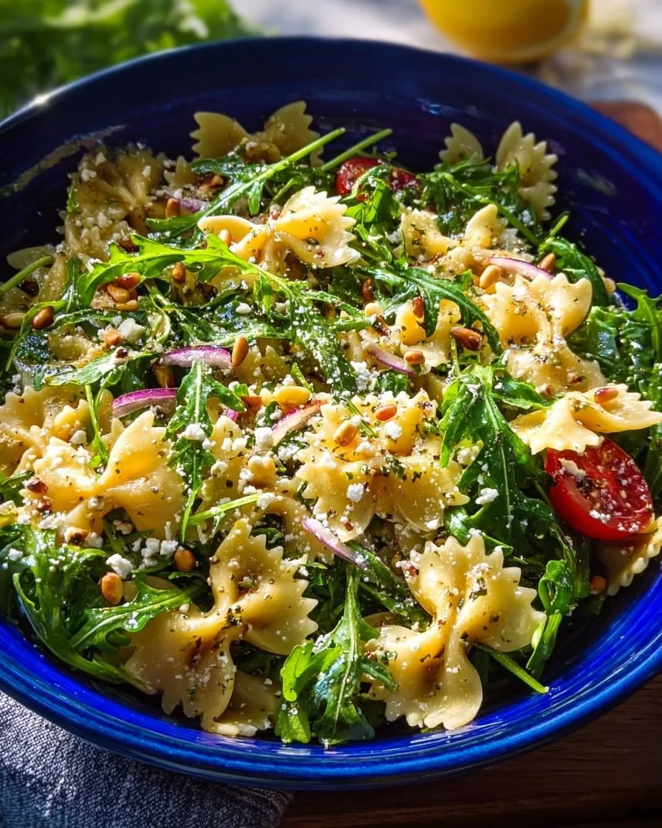 Tangy lemon arugula pasta salad with fresh ingredients and vibrant colors.