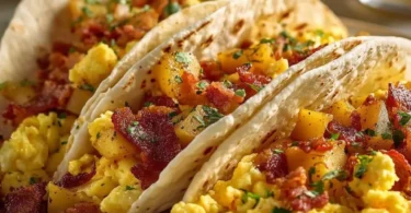 Delicious baked breakfast tacos filled with eggs and toppings