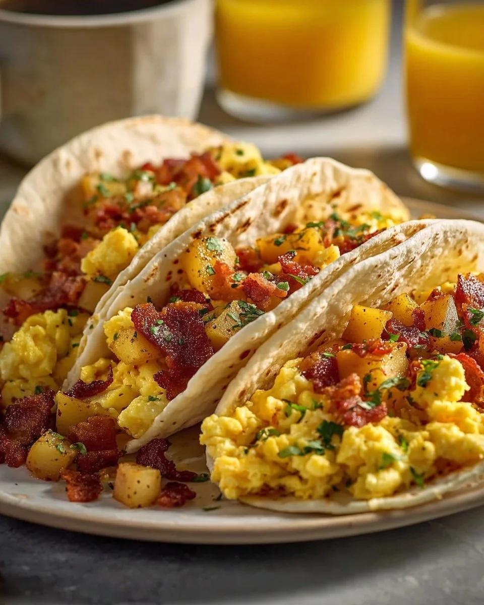 Delicious baked breakfast tacos filled with eggs and toppings
