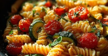 A vibrant bowl of Tomato Zucchini Pasta garnished with fresh herbs.