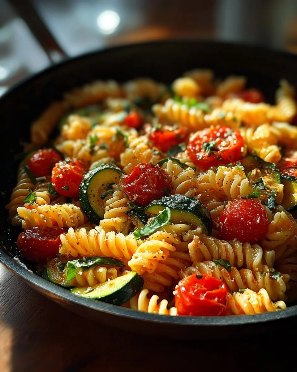 A vibrant bowl of Tomato Zucchini Pasta garnished with fresh herbs.