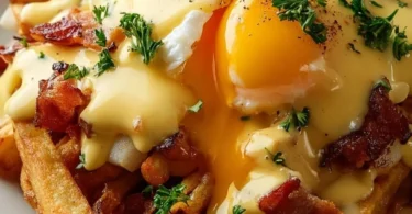 Ultimate breakfast poutine with creamy hollandaise sauce served in a bowl