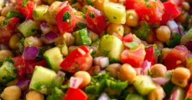 Delicious Vegan Ceviche Style Chickpeas in a bowl garnished with fresh herbs.