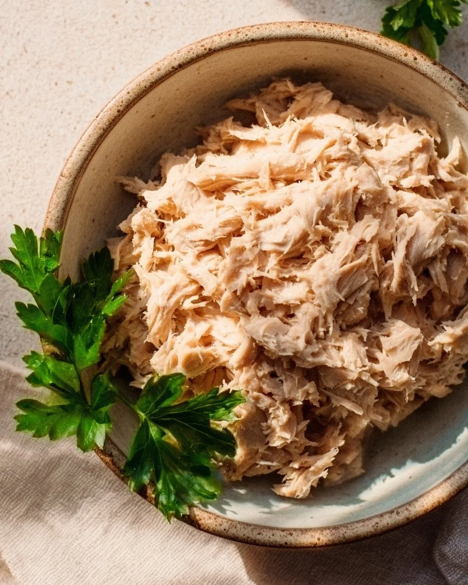 A bowl of vegan tuna salad made with chickpeas and seaweed, garnished with herbs.