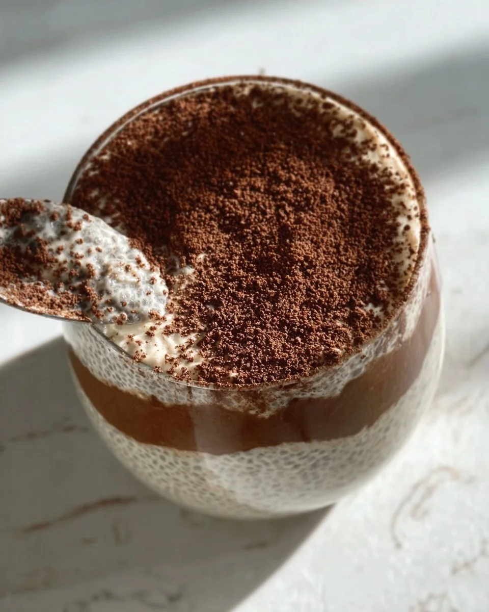 Viral tiramisu chia pudding in a glass topped with cocoa and coffee beans