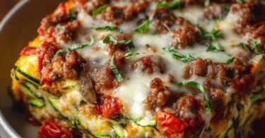 Delicious Zucchini Pizza Casserole topped with cheese and pepperoni on a baking dish.