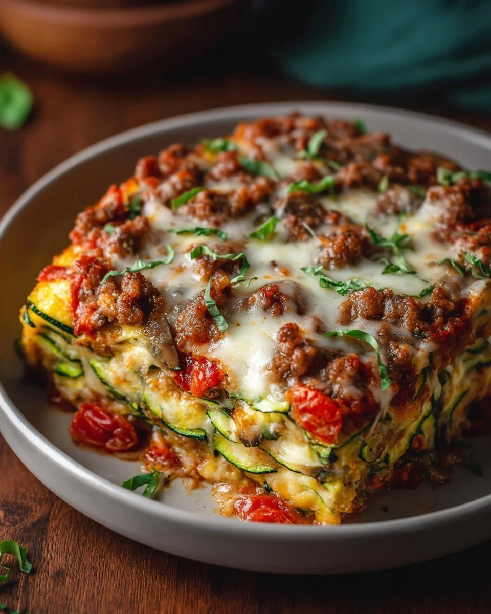 Delicious Zucchini Pizza Casserole topped with cheese and pepperoni on a baking dish.
