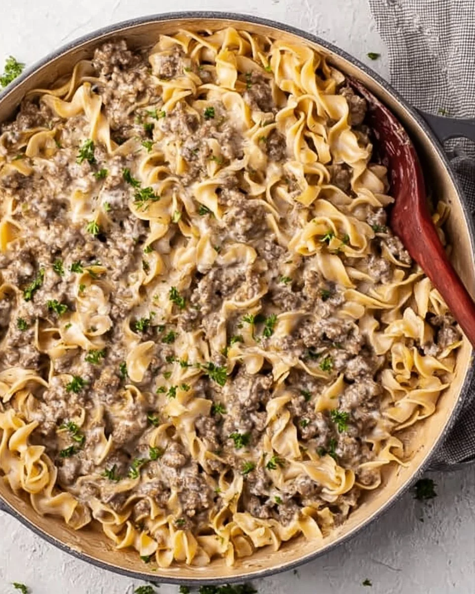 Delicious 30-minute ground beef stroganoff served with noodles