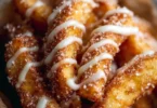 Crispy air fryer apple fries served with a caramel dipping sauce